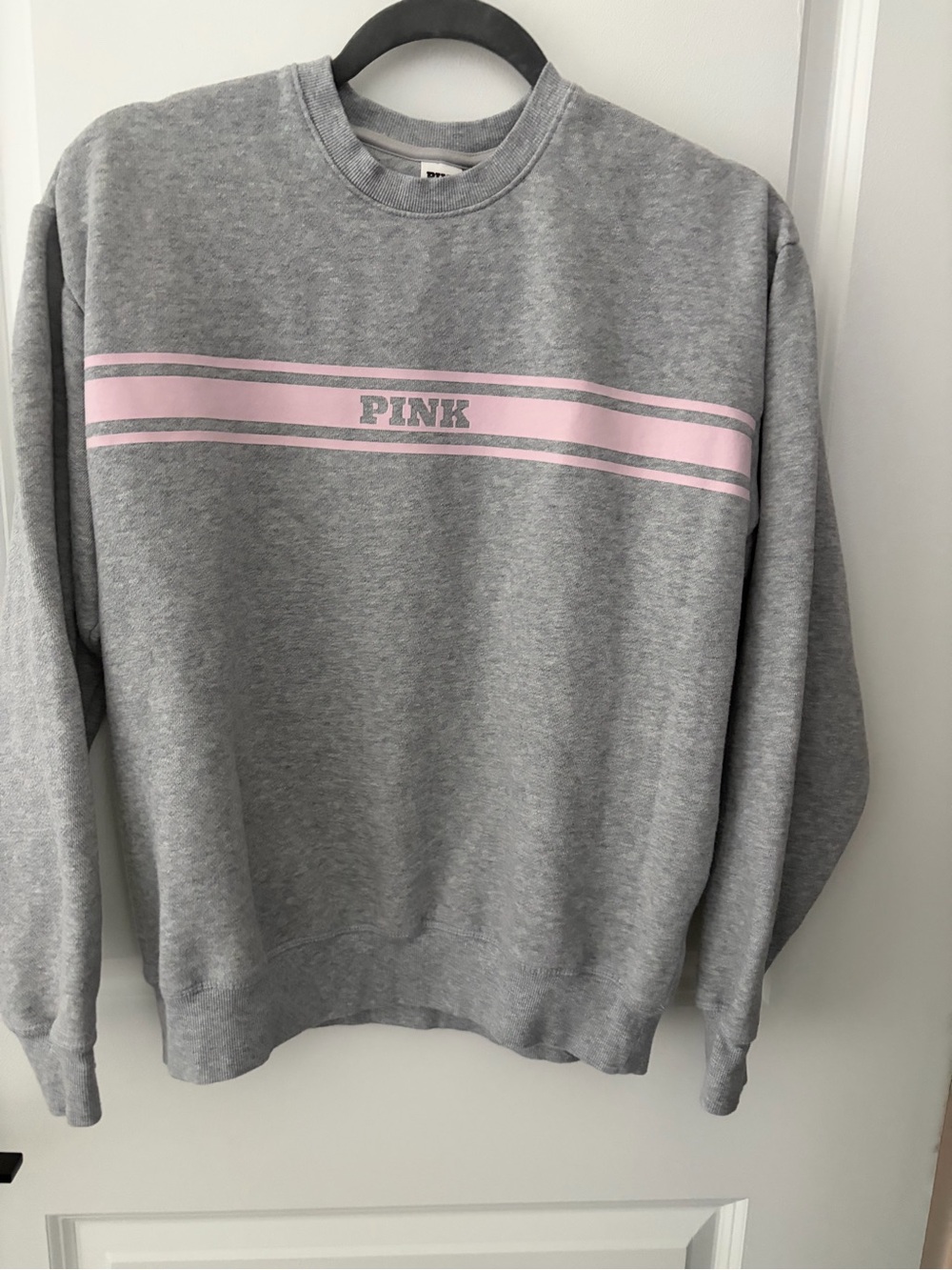 PINK Victoria's Secret Gray Crewneck Sweatshirt with Pink Stripe